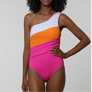 NWT LA BLANCA Island Goddess Shirred One Shoulder Swimsuit